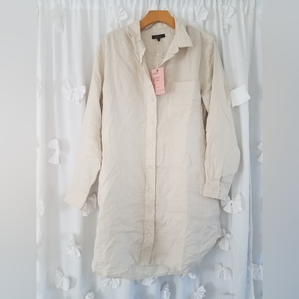 Quince Beige Long Sleeve Button-Up Linen Shirt Dress